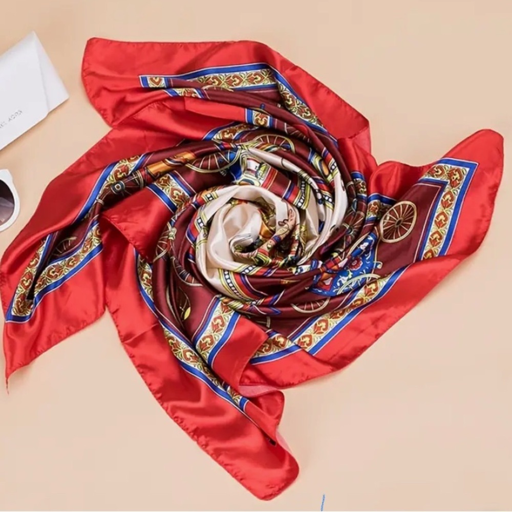 Vibrant Red and Blue Satin Scarf with Geometric Design